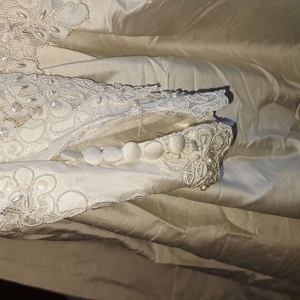 Vintage Michele Vincent Dupioni Silk Wedding Gown with Pearls and Lace - Picture 10 of 16